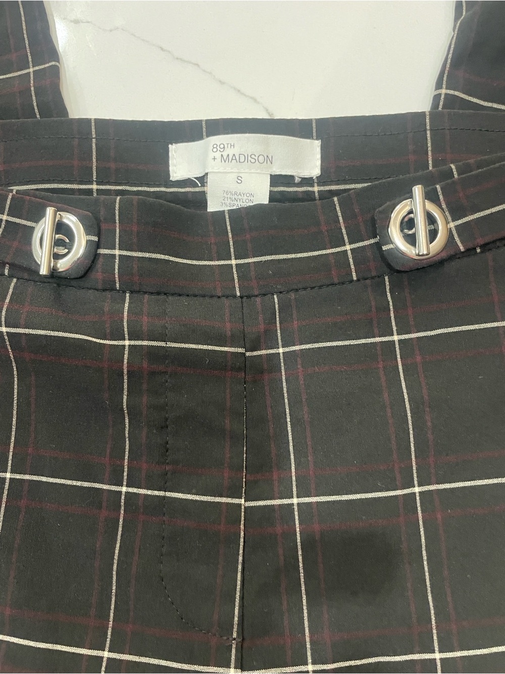 Madison Black Windowpane Plaid Pants with Silver-Tone Ring Hardware